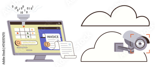 Computer displaying data input, invoice processing, document, and security camera with cloud connection. Ideal for data management, finance, automation, technology, security cloud computing digital