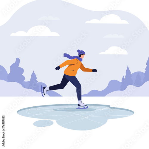 Ice skating icon vector illustration featuring nature, a person on ice, winter sport activity, cold season, outdoor recreation, ice rink, isolated background