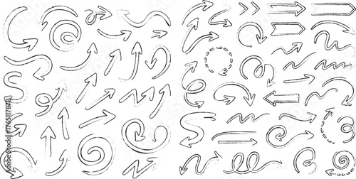 Hand drawn sketchy arrow set, black doodle arrows with swirls, curves, and dashed lines, vector design elements on white background