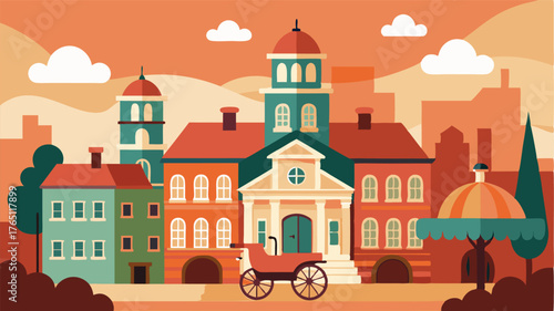 A charming scene of a horsedrawn carriage passing through a town square adorned with brick buildings showcasing a colonialstyle courthouse.