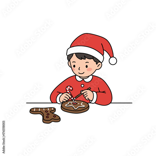 Festive vector icon depicting a child decorating gingerbread cookies, capturing the cheerful nature of holiday baking, a joyful seasonal graphic