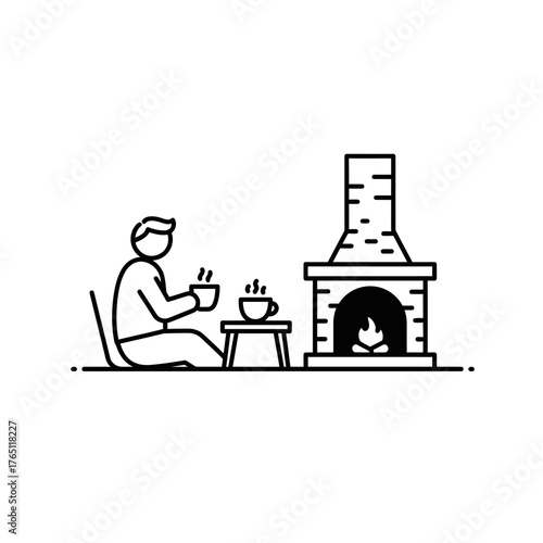 A cozy vector icon of a person enjoying a warm drink by a fireplace, representing relaxation and the comforting nature of a quiet evening at home