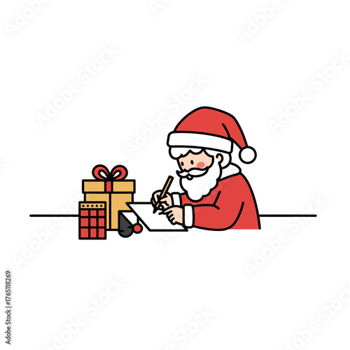 Christmas icon vector illustration of Santa Claus writing a letter, festive gift boxes, celebrating winter holidays, and enjoying the nature