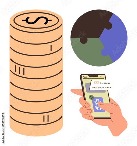Stack of coins for finance, fragmented puzzle sphere for strategy and integration, hand holding a phone unlocking with a passcode. Ideal for security, finance, technology, planning, mobile banking