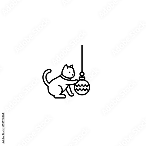 Playful Nature Minimalist Cat with Christmas Ornament Vector Icon for Holiday Greetings and Nature-Inspired Design Projects, Perfect for Web and Print