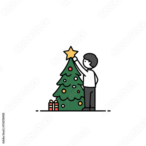 Vector Christmas tree icon for holiday celebration, decorated with ornaments and a star, next to a gift box, representing festive nature and winter season, perfect for seasonal greeting card design