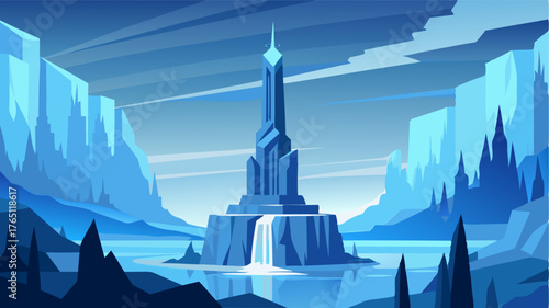 A frozen monument standing tall and proud the waterfalls frozen transformation a sight to behold.