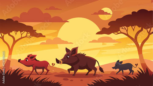 A family of hogs scurry across the savannah their tails sticking up in the air as they search for their evening meal a the fading light.