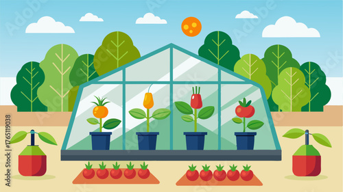 A greenhouse filled with a variety of crops each growing in its designated area according to an optimal AIdriven crop rotation schedule.. Vector illustration