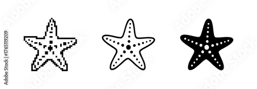 Three starfish variations, ranging from pixelated to smooth black silhouettes on a white layout