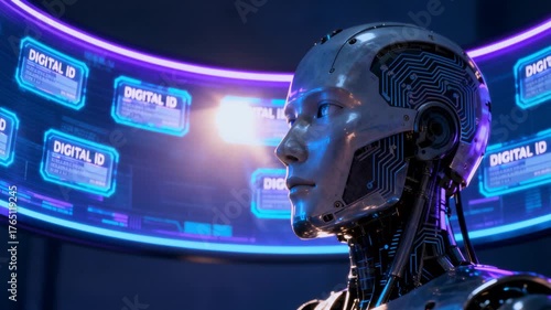 A sleek AI robot with a metallic head monitors glowing digital ID cards on a futuristic neon-lit holographic interface, showcasing advanced surveillance cybersecurity technology