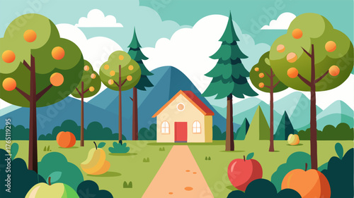A quiet retreat to a hidden orchard surrounded by tall pine trees and boasting an array of colorful pear peach and nectarine trees.