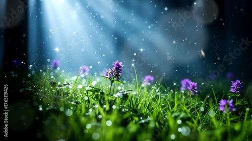 Seamless looping cinematic macro of purple flowers growing in green meadow with dew drops and sun rays creating magical sparkling atmosphere.