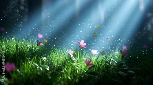Seamless looping cinematic macro of blue flowers and wet green leaves shining under gentle natural light with dew reflections and soft bokeh glow creating peaceful nature motion background.