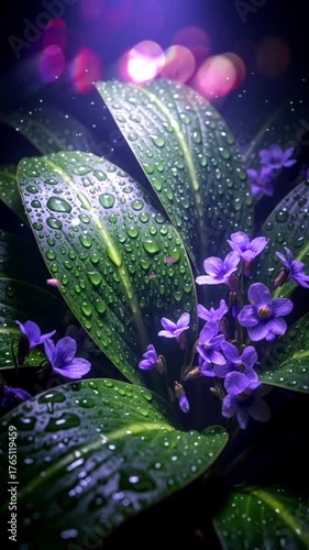Seamless looping cinematic forest meadow background with sunlight rays shining through trees onto green grass and pink flowers covered in dew, creating tranquil relaxing nature motion.