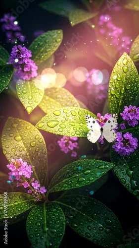 Seamless looping cinematic closeup of butterfly resting on green leaf covered with rain droplets, sunlight shimmering through purple flowers, creating peaceful nature motion.
