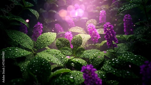 Seamless looping cinematic floral scene featuring dark purple flowers glowing under soft pink and violet lights, raindrops sparkling across petals, creating mystical atmosphere.