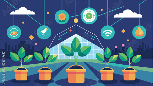 A network of smart sensors p throughout a greenhouse providing realtime data on plant growth and predicting potential yield.. Vector illustration