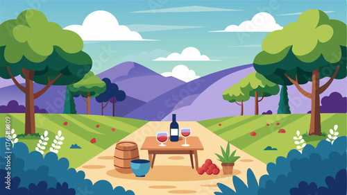 A cozy picnic area tucked away amidst the rows of grapevines offering a serene spot to enjoy a glass of wine and take in the peaceful surroundings.