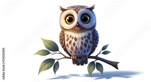 Adorable Cartoon Owl on a Branch Illustration with Wide Eyes