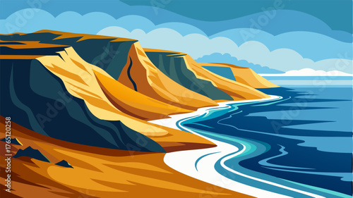 A rugged coastline with sweeping dunes their layers creating a dramatic contrast against the crashing waves of the sea.