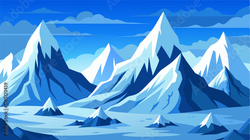 A panorama of rugged mountains peeking through a blanket of snow and ice standing guard over the frozen wonderland.