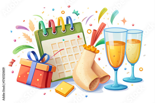 Combination of calendar, champagne glass, gift box, and confetti on white isolated background