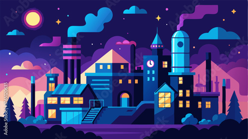 An industrial cityscape that transforms into a mesmerizing wonderland at night with factories and machinery illuminating the night sky.