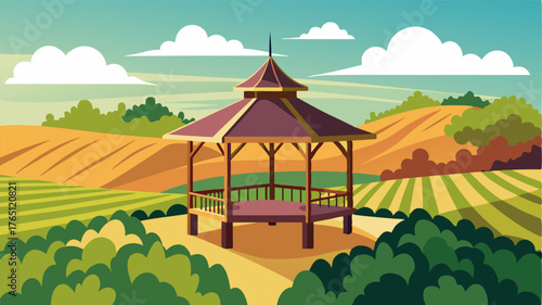 A quaint wooden gazebo perched on a hilltop offering breathtaking views of the vast rural vineyard below.