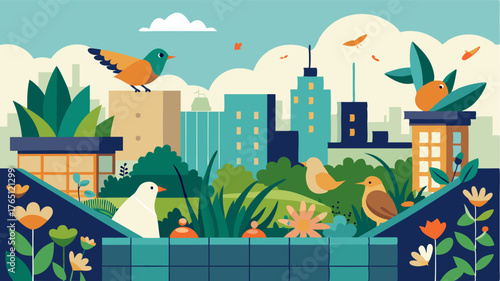 A haven for urban wildlife this rooftop garden is teeming with activity as birds and butterflies flutter from plant to plant. A variety of native plants and flowers provide food