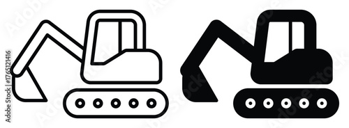 Outline and Solid Illustration of a Construction Excavator Machine