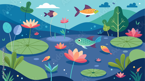 A fishermans paradise this quiet lake is teeming with various species of fish just waiting to be caught. The surface is adorned with lily pads and the occasional dragonfly gliding