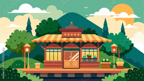 A cozy train station surrounded by lush greenery showcasing traditional architecture and a small souvenir shop selling handmade crafts.