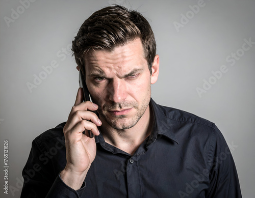 Man on phone, deep in thought with a serious, intense expression. Frowning face conveys concentration, frustration, or concern during a call.