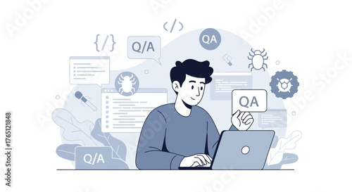 Software Developer Conducting Quality Assurance Testing on Laptop Computer Illustration