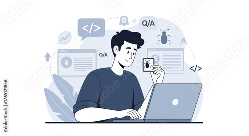 Software Developer Diagnosing Bug On Laptop, Code Review And Debugging Illustrated
