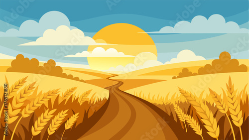 A path through a rolling field of golden wheat with the sun shining down and a gentle breeze rustling through.