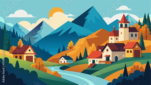 A quaint village nestled in the mountains with charming chalets and winding streets lined with colorful foliage.