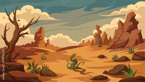 A rocky barren wasteland where the only signs of life are scraggly twisted shrubs and the occasional lizard scurrying for cover.