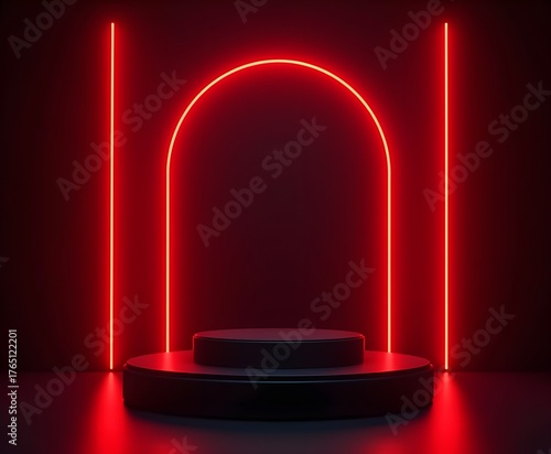 Black Friday Concept with Red Neon Arcs Behind Podium