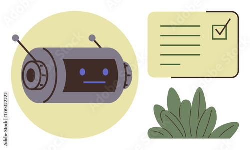 Chatbot head with antennas complementing a checklist and leafy plant. Ideal for technology, automation, productivity, artificial intelligence, eco-friendly themes, task management, communication. A