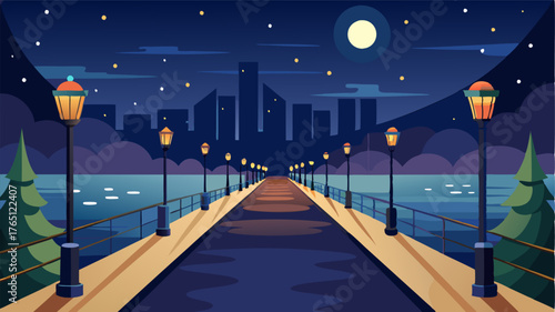 A peaceful walkway adorned with decorative lights perfect for an evening stroll under the stars while admiring the city lights reflecting on the water below.