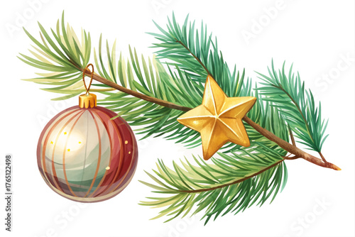 Modern pine branch, single bauble, and golden star on white background, minimal festive composition
