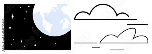 Earth with glowing stars on a black background, minimal clouds in simple lines. Ideal for cosmic exploration, nature, environment, sustainability, weather forecasting, science education, flat