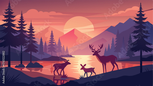 A family of deer cautiously steps out of the forest drinking from the cool waters of the lake as the sun begins to set.