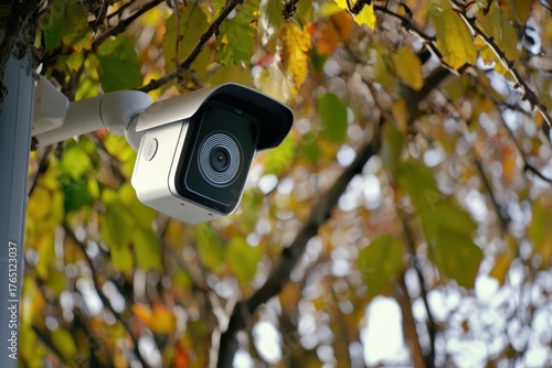 Wallpaper Mural Security camera mounted under colorful autumn leaves in a residential area during daylight Torontodigital.ca