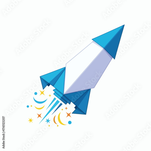 Blue and White Rocket Launching with Colorful Stars and Smoke.