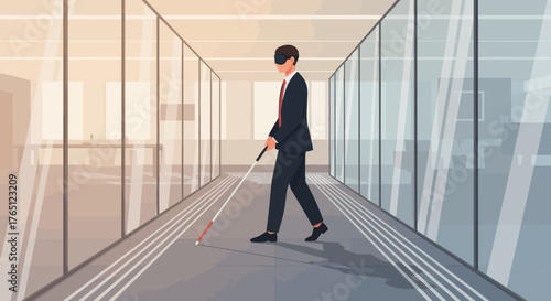 Blind Businessman Navigating Modern Office Corridor with Cane.