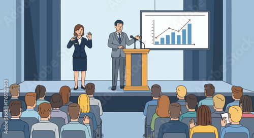 Business professionals presenting financial data to an audience at a conference.