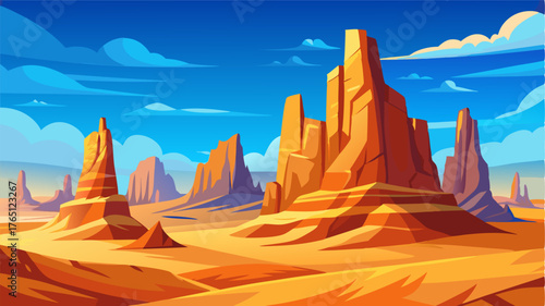 A desert landscape unlike any other with towering formations of sandstone standing tall against the bright blue sky their warm tones and unique shapes captivating the eye.